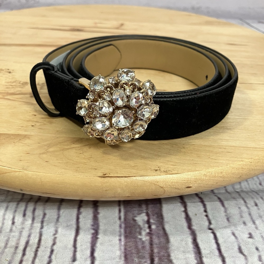 Talbots‎ Crystal Statement Buckle Belt Black Suede Leather Womens Size L NWT